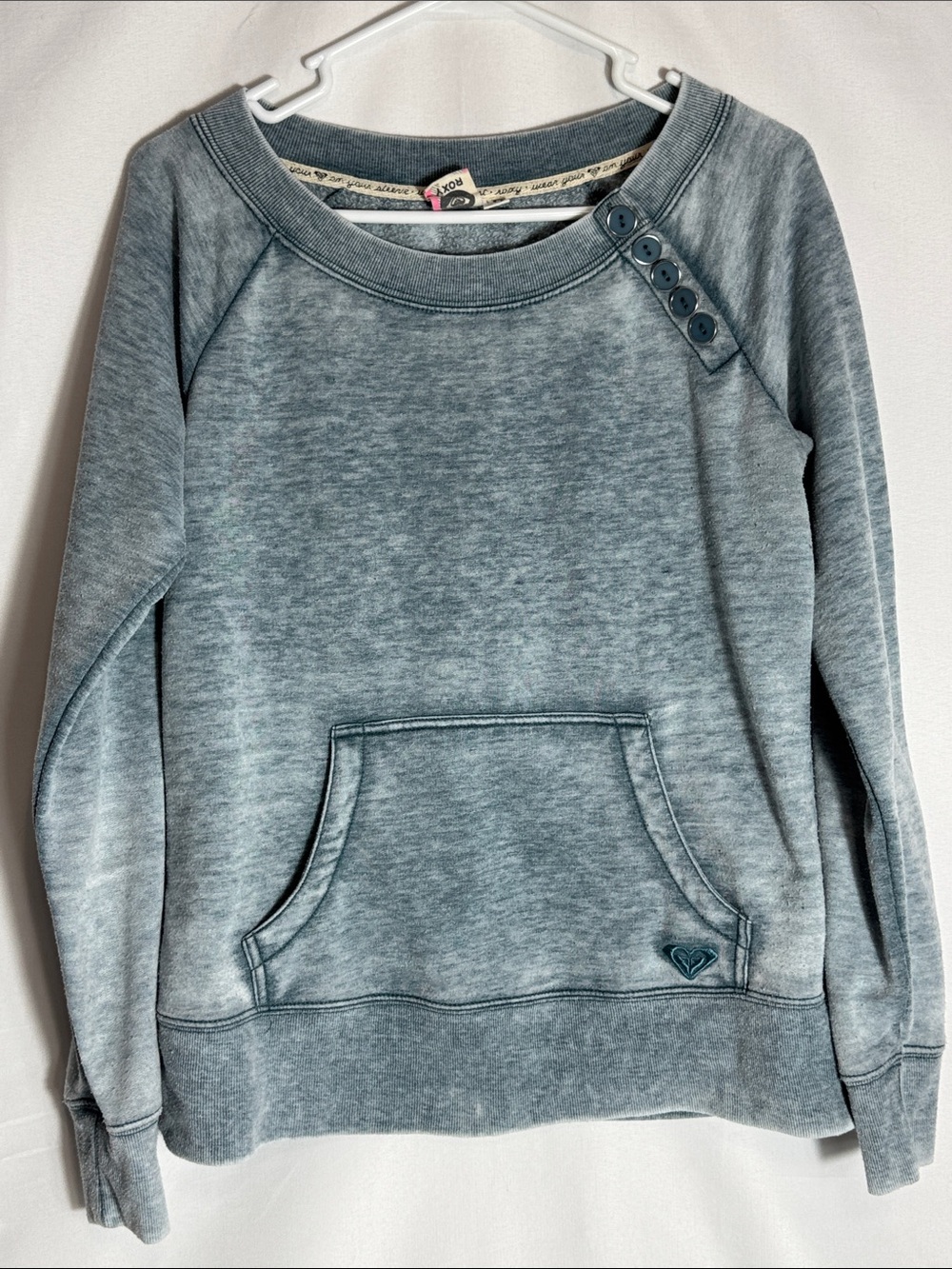 Vintage Roxy Sweatshirt L Gray Blue Acid Wash Scoop Neck Shoulder Button Y2K